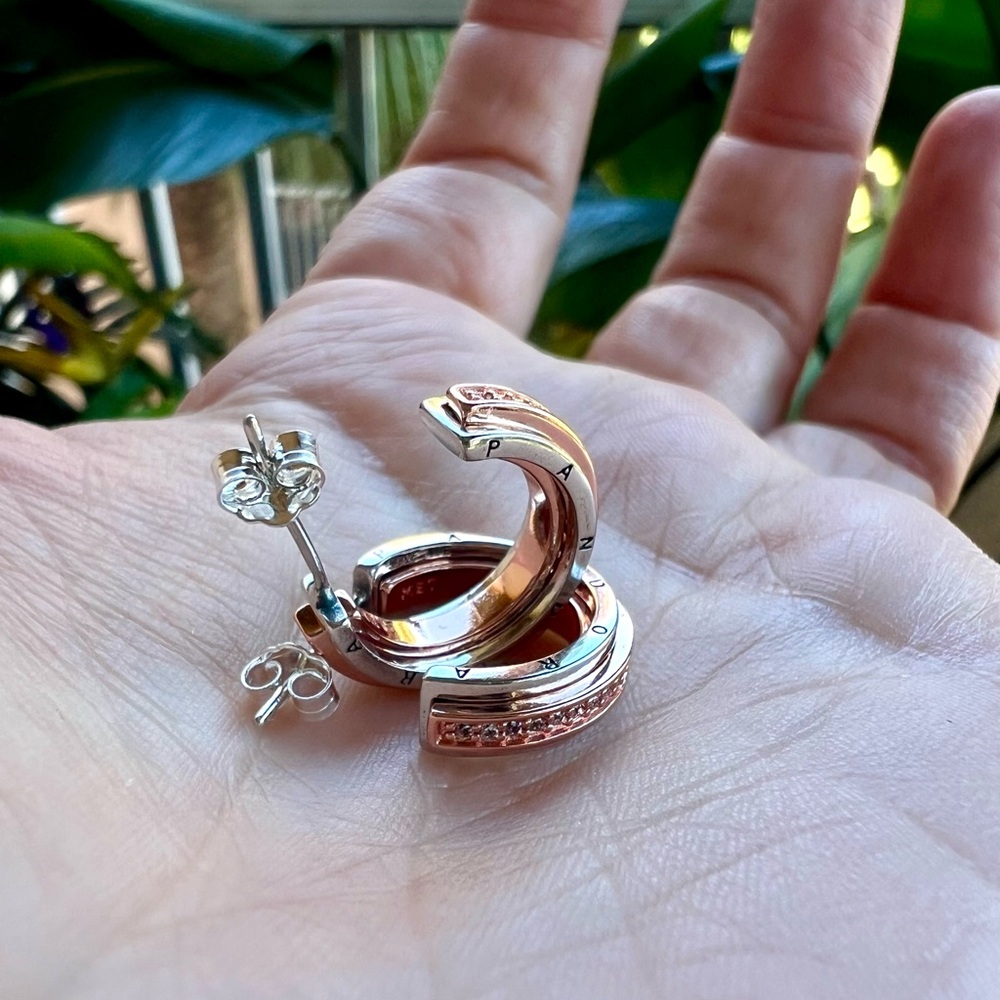 Pandora Logo Two tone & Pavé Hoop Earrings - Picture 9 of 10
